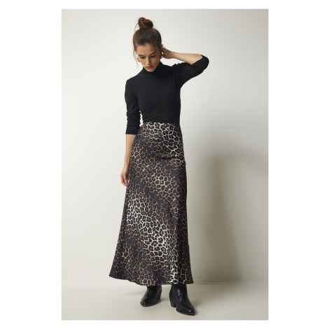 Happiness İstanbul Women's Black Leopard Patterned Maxi Satin Skirt
