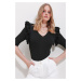 Trend Alaçatı Stili Women's Black V-Neck Frilly Knitwear Blouse