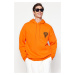 Trendyol Orange Hooded Oversize/Wide Cut College Printed Cotton Fleece Sweatshirt