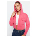 Trendyol Pink Comfortable Cut Crop Pocket Detailed Hooded Thick Inside Fleece Knitted Sweatshirt