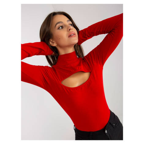 Basic red turtleneck blouse with a cut-out