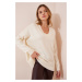 Happiness İstanbul Women's Cream V-Neck Oversize Knitwear Sweater