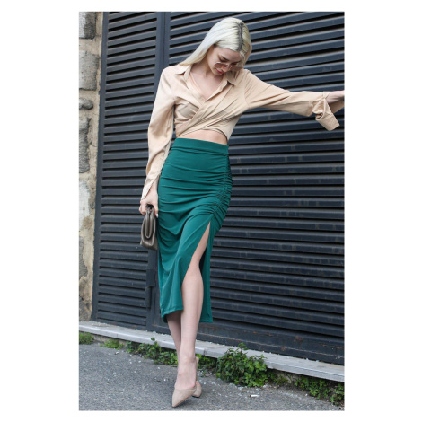 Madmext Green Front Gathered Sandy Fabric Skirt