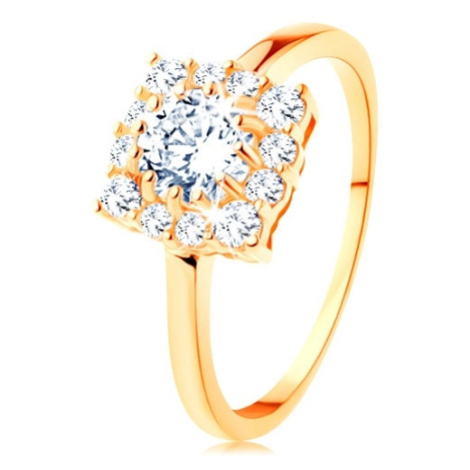 Zlatý prsteň 585 - štvorcový zirkónový obrys, okrúhly číry zirkón v strede - Veľkosť: 64 mm