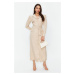 Trendyol Stone Belted Linen Look Woven Shirt Dress