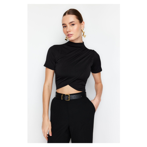 Trendyol Black High Collar Short Sleeve Draped Crop Blouse Knitted Blouse