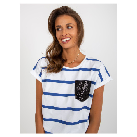 White and navy blue striped cotton blouse