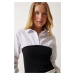 Happiness İstanbul Women's White Black Polo Collar Color Block Shirt Blouse