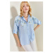 Bianco Lucci Women's Daisy Embroidered Folding Sleeves Airon Linen Shirt