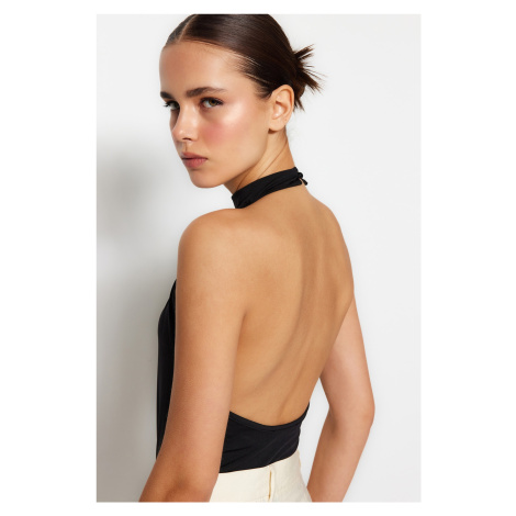 Trendyol Black Standing Neck Low-Cut Back Flexible Knitted Body with Snap Button