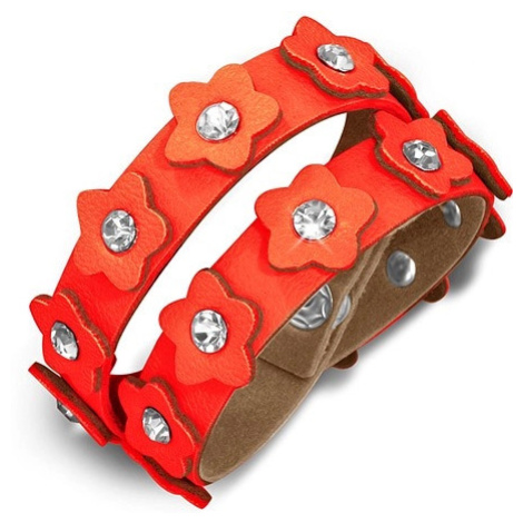 Oranžový kožený náramok - pás s kvietkami a zirkónmi