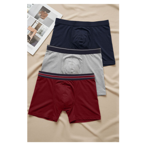 Trendyol Claret Red-Grey-Navy Blue Plain Striped Elastic 3-Pack Boxer