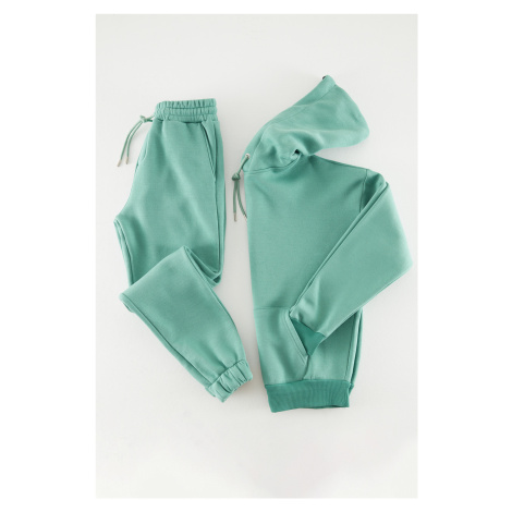 Trendyol zelená tepláková súprava oversize/široký strih s kapucňou, elastické nohavice s flísovo