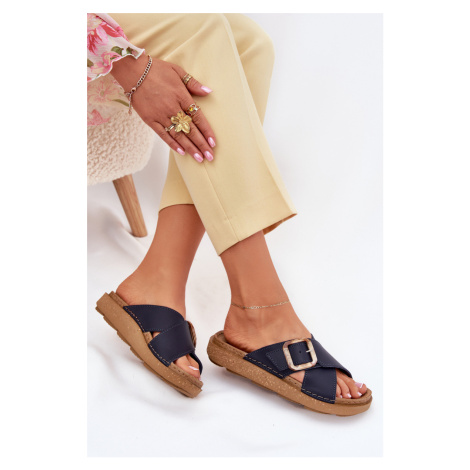 Dámske Kožené Šľapky S Prackou Inblu Tmavomodré