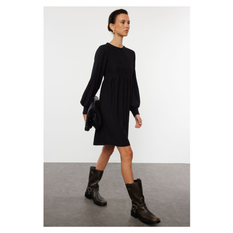 Trendyol Black Flounce Skater/Waist Closure/Textured Mini Knitted Dress