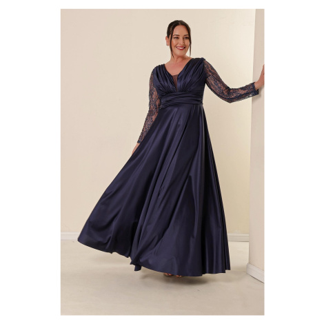 By Saygı Plus Size Long Satin Evening Dress Navy Blue with Tulle Sleeves and Glitter Detail and 