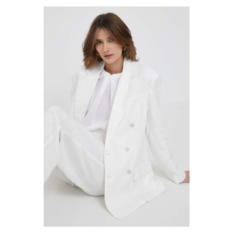 Ľanové sako Polo Ralph Lauren biela farba, dvojradové, jednofarebné