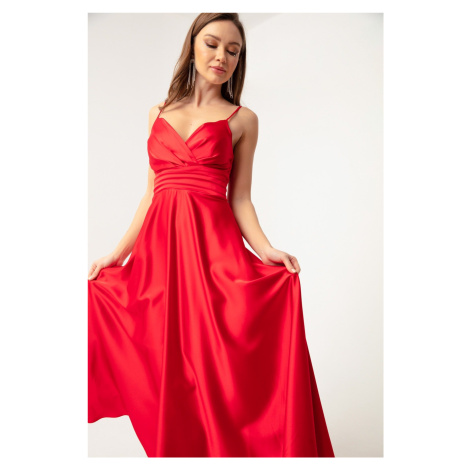 Lafaba Dámske červené saténové midi večerné šaty s ramienkami a bedrovým pásom a plesové šaty