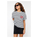 Trendyol Navy Blue Striped Slogan Embroidery Detail Relaxed Knitted T-Shirt