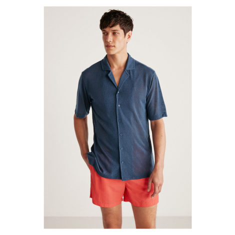 GRIMELANGE Doug Men's Linen Look Regular Fit Tiril Tiril Fabric Summer Navy Blue Shirt