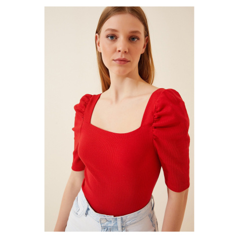 Happiness İstanbul Women's Red Square Neck Ribbed Crop Blouse