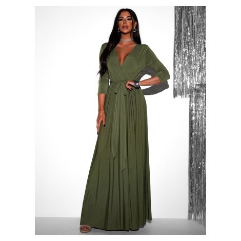 Olivové dlhé spoločenské šaty JOELLIAN s dlhým rukávom