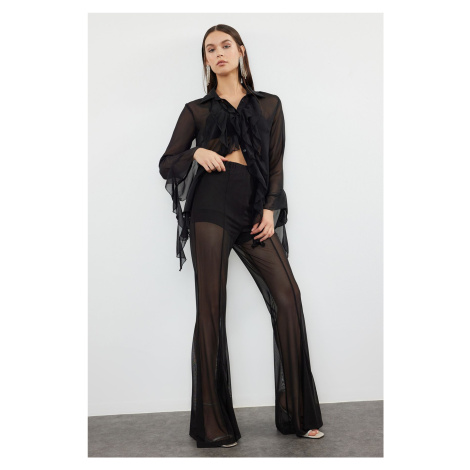 Trendyol Black Flare Leg Transparent Knitted Tulle Trousers