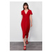 Trendyol Red Straight Cut Button Detailed V Neck Woven Midi Dress