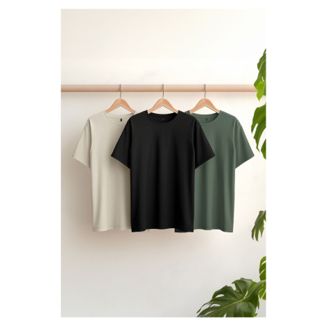 Trendyol Black-Stone-Dark Green Oversize/Wide Cut 3 Pack 100% T-Shirt