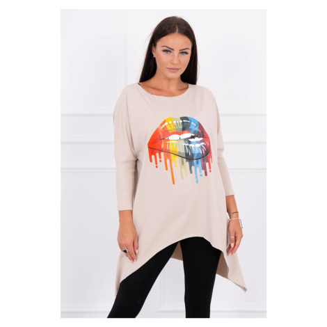 Oversize blouse with beige rainbow lips print