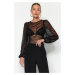 Trendyol Black Gathered Detailed Crew Neck Lace Snaps Knitted Bodysuit