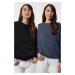 Trendyol Black-Indigo Oversize/Wide Pattern Crew Neck Thick Polar Fleece Knitted Sweatshirt