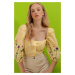 Trend Alaçatı Stili Women's Yellow Square Collar Princess Sleeve Flower Embroidered Blouse