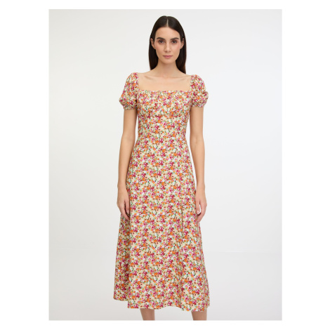 Pink and orange women's floral midi dress Guess Prisca - Women