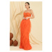 By Saygı Bead Rope Strapless Strapless Handkerchief Fringed Lined Long Tulle Dress