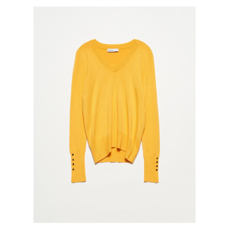 Dilvin 2443 V-Neck Sleeve Cuff Drop Sweater-mustard