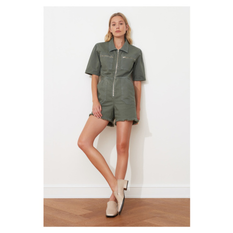 Trendyol Khaki Elastic Waist Denim Shorts Overalls