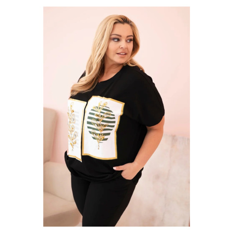 Kesi Włoski Dámska bavlnená blúzka Plus Size s kamienkami čierna + khaki