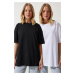 Happiness İstanbul Women's Black and White 2-Piece Crew Neck Basic Oversize Knitted T-Shirt