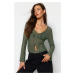 Trendyol Khaki V-Neck Button Detailed Lace Knitted Blouse
