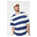 Trendyol Navy Blue Oversize Text Embroidered Striped 100% Cotton T-Shirt