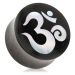 Sedlový plug do ucha z dreva čiernej farby, duchovný symbol jógy ÓM - Hrúbka: 22 mm