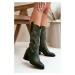 Women's mid-calf openwork boots made of eco suede green Nevilos