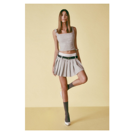 Trendyol X Sagaza Studio Gray Striped Pleated Skirt With Elastic Detail