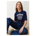 Trendyol Navy Blue 100% Cotton Slogan Printed Sewing Detailed Asymmetric Crop Knitted T-Shirt