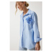 Happiness İstanbul Women's Sky Blue Premium Flower Brooch Detailed Shirt