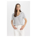 DEFACTO Relax Fit V Neck Striped Basic Short Sleeve T-Shirt