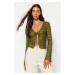 Trendyol Khaki Premium Tie Detail Textured V Neck Elastic Knitted Blouse