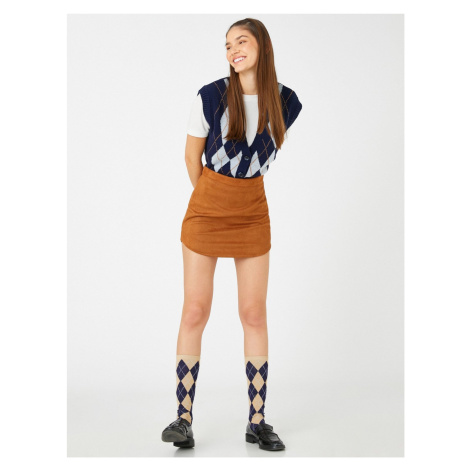 Koton Mini Skirt, Suede Look High Waist, Asymmetrical Cut