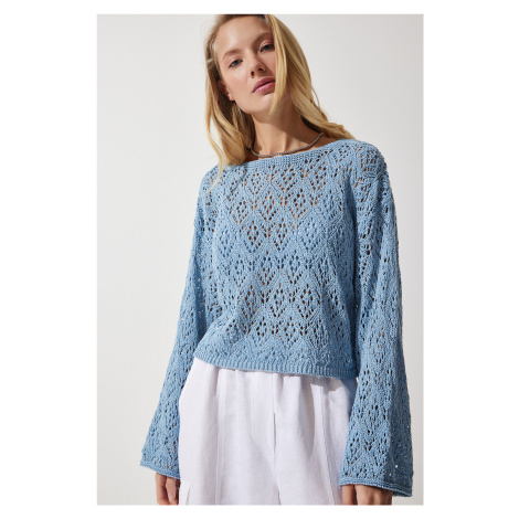 Happiness İstanbul Women's Sky Blue Boat Neck Openwork Seasonal Crop Knitwear Sweater